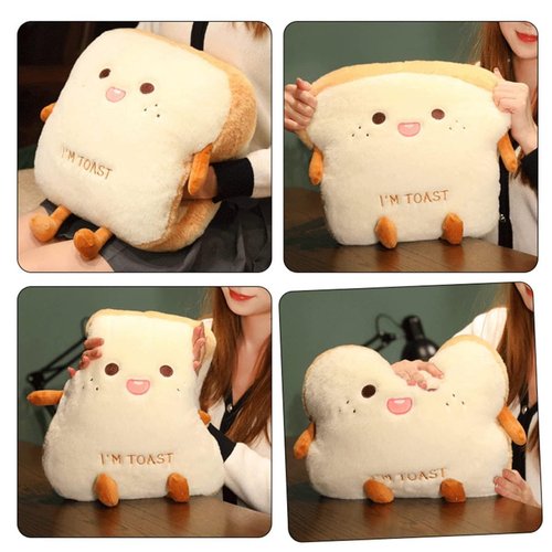 Goylmc Toast Bread Plush Pillow, Bread Stuffed Pillow,Food Plush Pillow with Hand Pocket Great Gift Choice for Kids Adults (15.7 * 13.7 in,Happy)