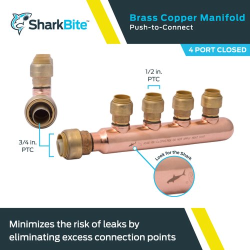 SharkBite 3/4 Inch x 1/2 Inch Outlet 4 Port Closed Multi-Port Tee, Push to Connect Brass Plumbing Fittings, PEX Pipe, Copper, PVC, 25555LF