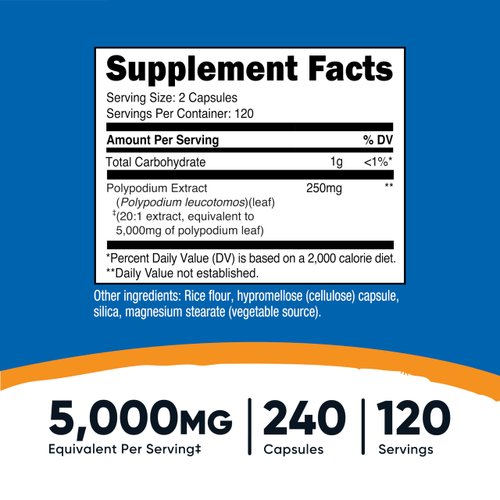 Nutricost Polypodium Leucotomos Extract (5,000mg Equivalent) 240 Capsules - Vegan, GMO-Free, Gluten-Free, 120 Servings