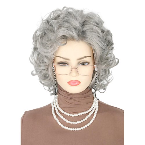 Topcosplay 5pcs Set Old Lady Wig and Accessories Short Curly Grey Granny Costume Wig Grandma wig Halloween Party Wigs