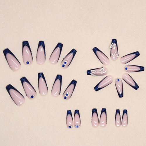 DANMANR Long Press on Nails Square French Fake Nails Full Cover Nude Acrylic False Nails for Women and Girls 24PCS (Blue Butterfly)