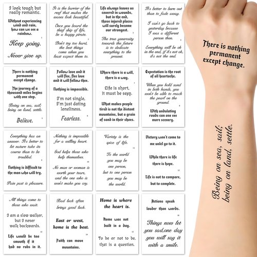 16 Sheets Temporary Tattoos fake tattoo for Adult Men Women With Inspiring Humorous Text Words Sentence
