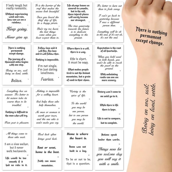 16 Sheets Temporary Tattoos fake tattoo for Adult Men Women With Inspiring Humorous Text Words Sentence