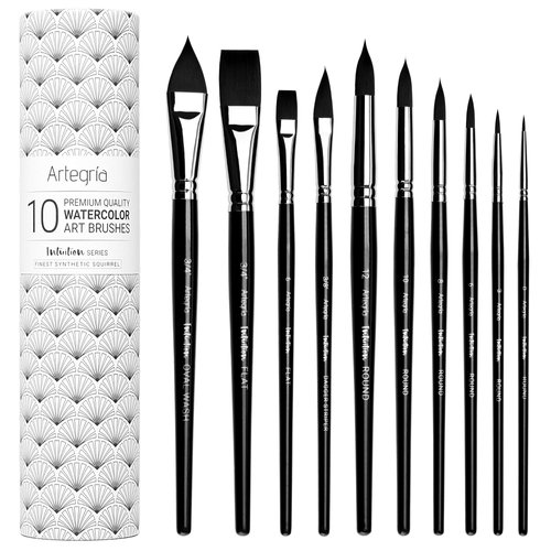 ARTEGRIA Watercolor Brush Set - 10 Professional Watercolor Paint Brushes for Artists - Soft Synthetic Squirrel Hair, Short Handles: Pointed Rounds, Flats, Dagger, Oval Wash for Water Color, Gouache