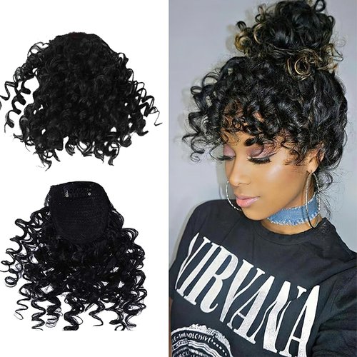 Fleece Curly Wig Hair Bangs for Women Short Afro Kinky Curly Bangs Human Hair Clip in Bangs Hair Extension Natural Black Color