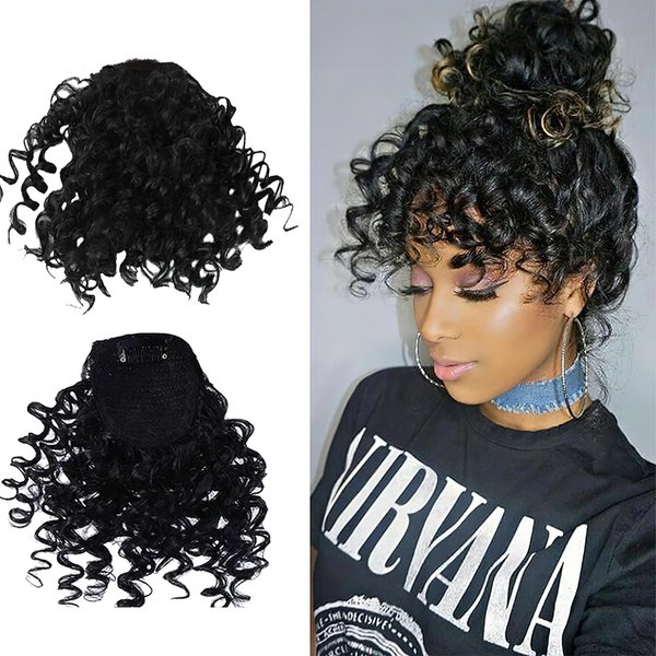 Fleece Curly Wig Hair Bangs for Women Short Afro Kinky Curly Bangs Human Hair Clip in Bangs Hair Extension Natural Black Color