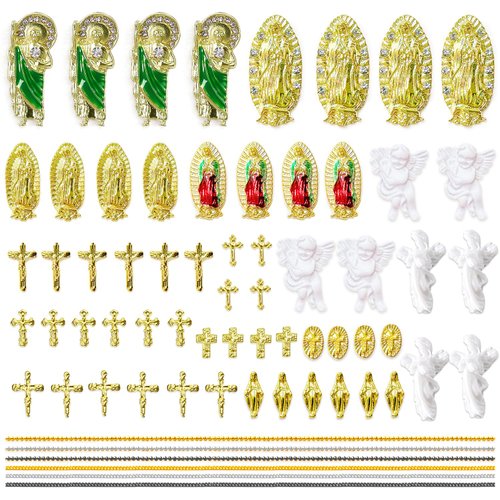 66pcs San Judas Tadeo Virgin Mary Cross for Acrylic Nails 3D Nail Charms Rhinestones Angel Gold Alloy Metal Decorations Religious Gems Jewels Vintage DIY Nail Tip Manicure Supplies Accessories