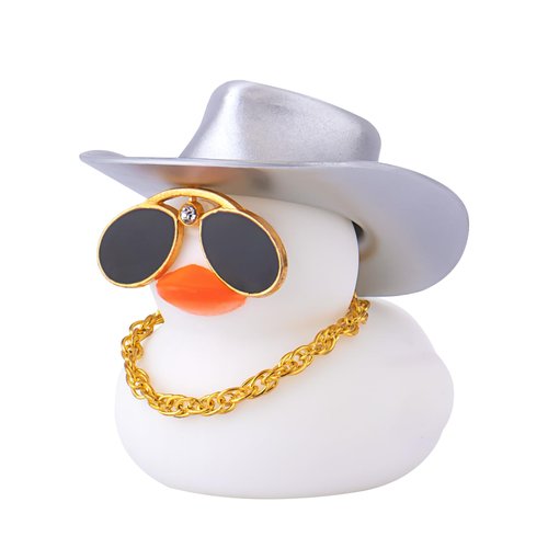 wonuu Car Rubber Duck, Dashboard Decorations Colorful Sparkly Cowboy Hat Ducks for Car Ornament Accessories with Hat, Diamond Glasses, Necklace, Pure White
