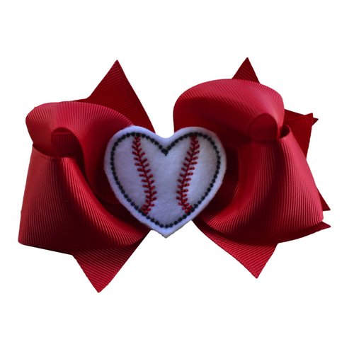 Girls Sports 4.5 Inch Hair Bow with Embroidered Heart Appliqué by Funny Girl Designs (Red Bow with Baseball)