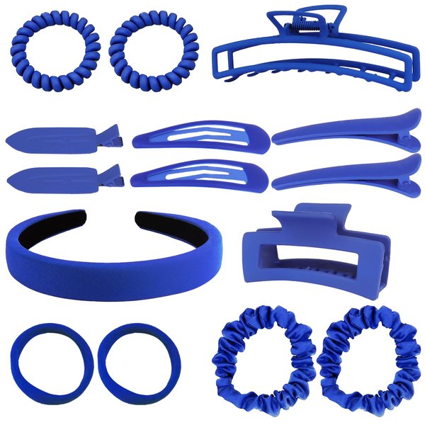 15pcs Hair accessories set Hair Claws Scrunchy Alligator Snap Clips Ties Bangs Headband Hoop Jaw Big Middle Small Mini Size Light Weight Matte Rubber Surface NoSlip Strong Hold BLUE