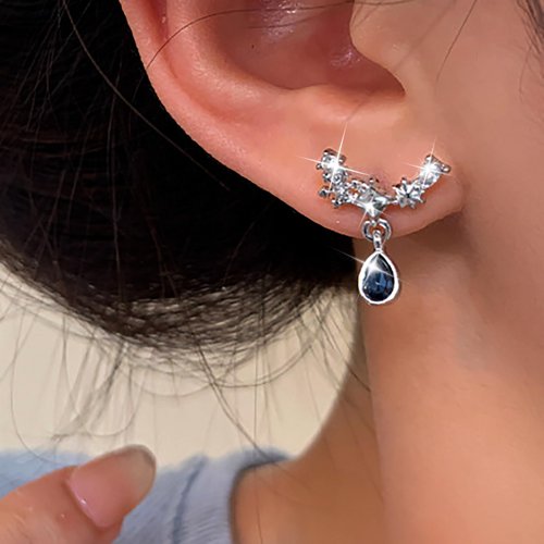 Sttiafay Vintage Teardrop Sapphire Earrings Crystal Climber Earrings Blue Sapphire Dangle Earrings Silver Sparkly Cz Rhinestone Earrings Jewelry for Women