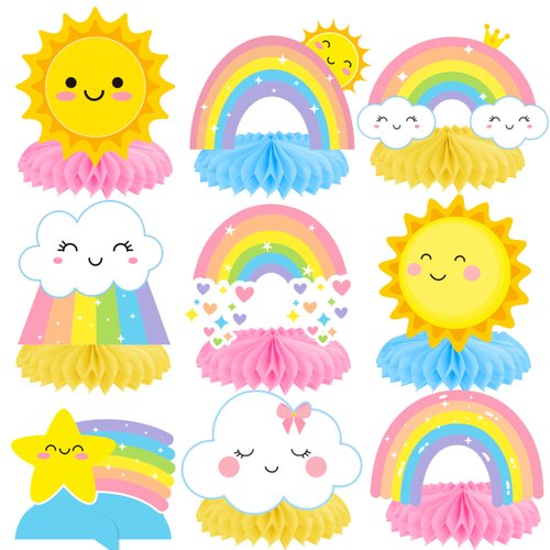 Rainbow Party Honeycomb Centerpieces Rainbow Birthday Party Decorations Cloud Sun Star Rainbow Theme Party Centerpiece Decoration for Rainbow Birthday Party Baby Shower Supplies