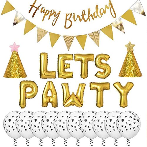 Esweny Dog Cat Birthday Party Supplies,Dog Cat Party Decorations,Lets Pawty Balloons Dog Cat Birthday Hat, Happy Birthday Banner Foil Balloons Pet Party Decoration