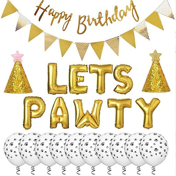 Esweny Dog Cat Birthday Party Supplies,Dog Cat Party Decorations,Lets Pawty Balloons Dog Cat Birthday Hat, Happy Birthday Banner Foil Balloons Pet Party Decoration