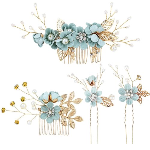 4Pcs Bridal Headpieces Hair Combs, Handmade Hair Comb Set Flower Pearl Hair Barrettes, Crystal Floral Leaf Hair Clip Hair Accessories for Women Girls Bride Bridesmaid
