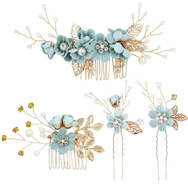 4Pcs Bridal Headpieces Hair Combs, Handmade Hair Comb Set Flower Pearl Hair Barrettes, Crystal Floral Leaf Hair Clip Hair Accessories for Women Girls Bride Bridesmaid