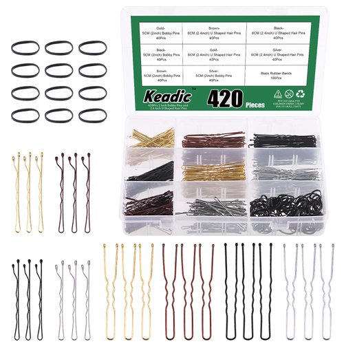 Keadic 421Pcs Metal Hair Pins Kit with Storage Case Includes 2”Bobby Pins, 2.4”U Shaped Blonde Bun Clips HairPins Bulk and Hair Bands for Women Thick Hair(Bronze Black Golden Silver)