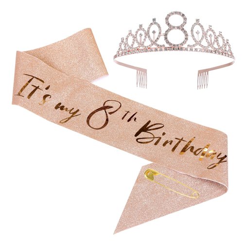 8th Birthday Sash and Tiara Set Rose Gold Birthday Sash Crown Birthday Party Favors Supplies for ...
