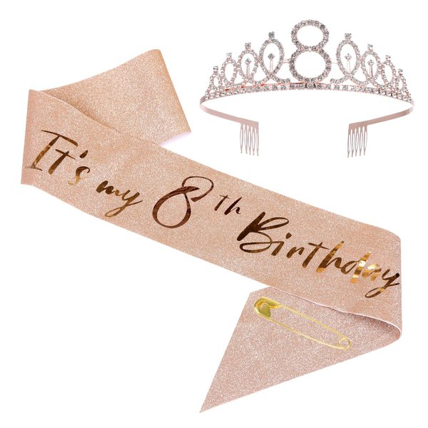 8th Birthday Sash and Tiara Set Rose Gold Birthday Sash Crown Birthday Party Favors Supplies for Birthday Party