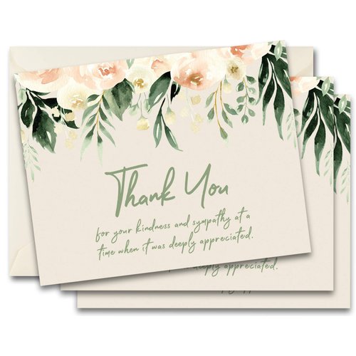 MPC Brands Blank Funeral Thank You Cards - Sympathy Bereavement Thank You Cards With Envelopes - Message Inside (50, Sage Floral)