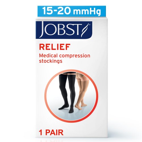 JOBST Relief Thigh High Graduated Compression Stockings, 15-20 mmHg - Comfortable Unisex Design with Silicone Dot Band - Open Toe, Beige, Medium