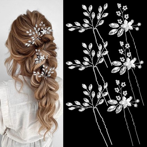 6 Pieces Rhinestone Hair Pins and Crystal Hair Piece for Brides, Bridesmaids, and Women (Silver)