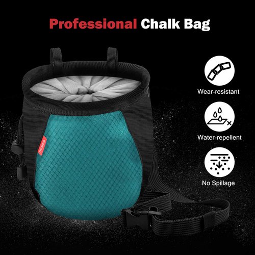MoKo Rock Climbing Chalk Bag, Bouldering Chalk Bag Bucket with Adjustable Belt & Carabiner Drawstring Climbing Chalk Bag for Rock Climbing Weight Lifting Gymnastics Crossfit - Black & Light Blue