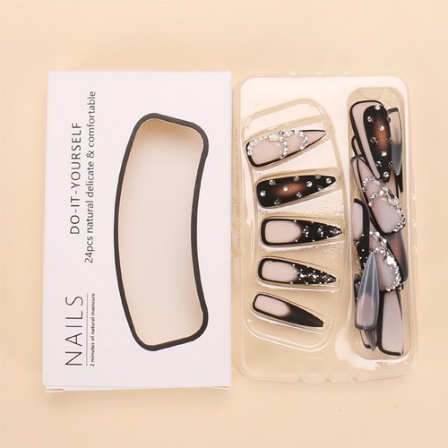 Brown Press on Nails Long Stiletto Pointed Fake Nails with French Tips Rhinestones Designs Sharp Goth Black Ombre Acrylic Nails Stick on Nails Luxury Halloween Glossy Glue on Nails for Women 24Pcs