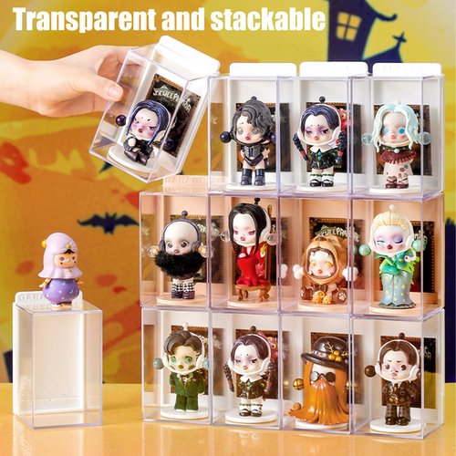 Figures Display Box, Clear Figures Display Case with ID Card Slot, Stackable Doll Display Stand for Pop Mart Lego Collectibles Action Figures (Pink)