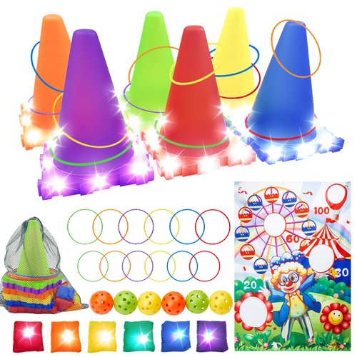 5 in 1 33Pcs Carnival Games, LED Bean Bag Game Sets Party Supplies, Ring Toss Yard Lawn Backyard Outdoor Games, Banner, LED Bean Bag, LED Cones Set, Children's Indoor Play, Kids Party Cornhole Set