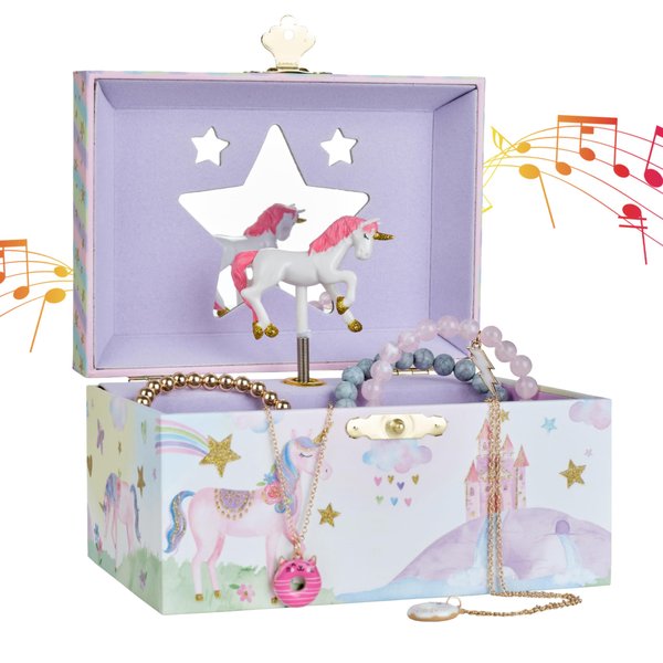 Jewelkeeper Girl's Musical Jewelry Storage Box with Spinning Unicorn, Glitter Rainbow and Stars Design, The Beautiful Dreamer Tune, Ideal Toddler Christmas Gifts