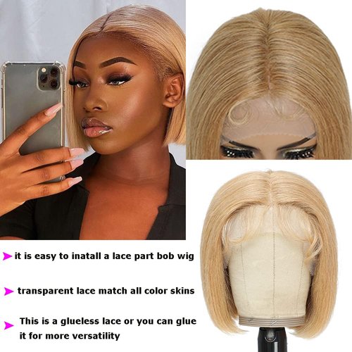 X-TRESS Bob Human Hair Wigs Brazilian Honey Blonde Straight Lace Front Wig 13×4×1 T Part Lace Short Bob Wigs For Black Women Colored 100% Human Hair Pre Plucked with Baby Hair (14inch)