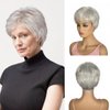 BEAUTY FLAG Short Grey Wigs for White Women Short Layered Pixie Cut Silver Gray Wigs with Bangs Women Natural Curly Synthetic Hair Wigs(8 inch, Silver Grey)