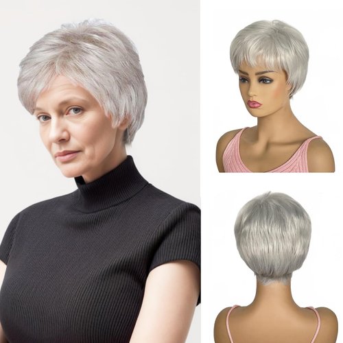 BEAUTY FLAG Short Grey Wigs for White Women Short Layered Pixie Cut Silver Gray Wigs with Bangs Women Natural Curly Synthetic Hair Wigs(8 inch, Silver Grey)