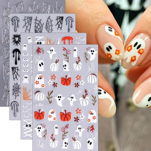 4 Sheets Halloween Nail Stickers for Nail Art Spider Web Spiders Nail Art Stickers with Rhinestones Design Nail Decals Cute Ghost Pumpkin Nail Supplies for Day of The Dead Holiday Decor Accessories