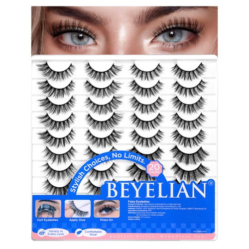 BEYELIAN False Eyelashes Natural Look 20 Pairs Strip Lashes, Wispy Lash Pack Soft 3D Volume Faux Mink Lashes That Look Like Extensions C-MIX-2
