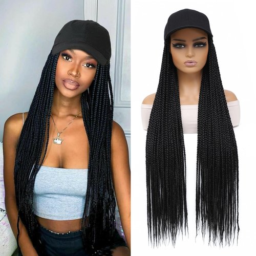AliRobam Hat Wig Baseball cap with 30inch long Box Braiding hair Extensions attached for woman Black cap wig Braided Wig Hairstyle Adjustable Size (Black, 30inch)
