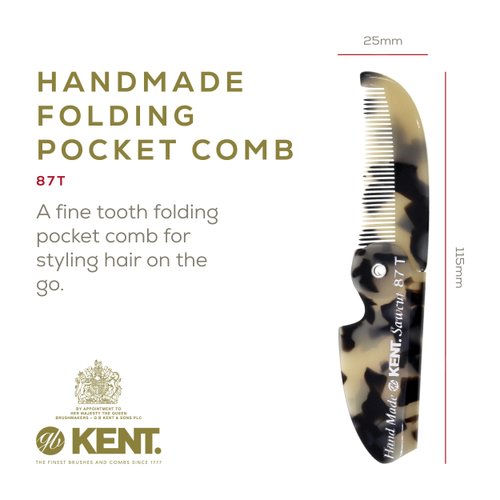 Kent 87T TW Handmade Folding Pocket Comb for Men, Fine Tooth Hair Comb Straightener for Everyday Grooming Styling Hair, Beard or Mustache, Use Dry or with Balms, Saw Cut Hand Polished, Made in England