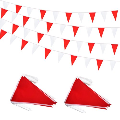 Rotenl 100 Feet 60 Pcs Red and White Pennant Banner Flags String Hanging Triangle DIY Flags, Bunting Streamers Decorations for Grand Opening, Birthday, Wedding, Party Celebration (Red and White)