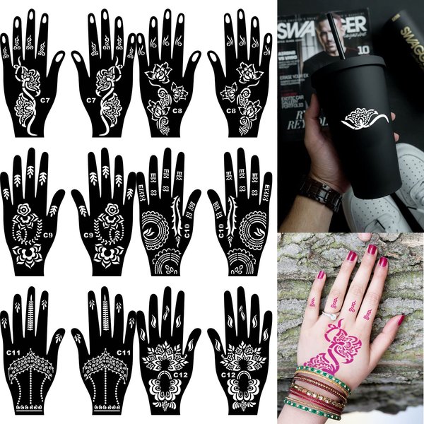 Henna Tattoo kit,Reusable Henna Stencils for Hand Forearm Glitter Airbrush DIY Tattoo stencil, Indian Temporary Tattoo Stickers for Women