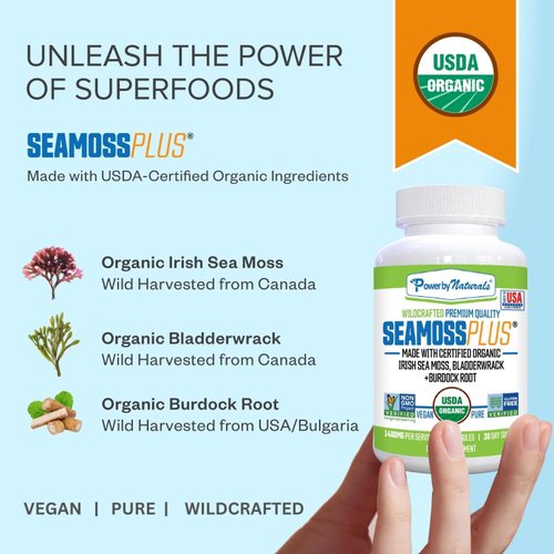 Power By Naturals Sea Moss Plus - USDA Certified Organic Wildcrafted Irish Seamoss, Bladderwrack & Burdock Root, Supplement for Immunity, 60Ct, 2 Pack