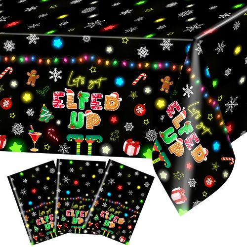Avezano 3 Pcs Christmas Tablecloth Disposable Let's Get Elfed Up Merry Christmas Tablecloth Plastic Rectangular Christmas Party Table Cover 108x54 inch