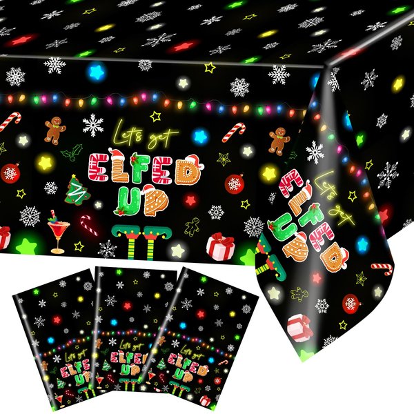 Avezano 3 Pcs Christmas Tablecloth Disposable Let's Get Elfed Up Merry Christmas Tablecloth Plastic Rectangular Christmas Party Table Cover 108x54 inch