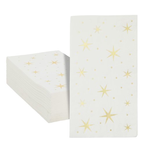 Juvale 50 Pack Gold and White Dinner Napkins with Stars, Decorative Disposable Gold Foil for Baby Shower, Birthday, Holidays (3-Ply, 4 x 8 In)