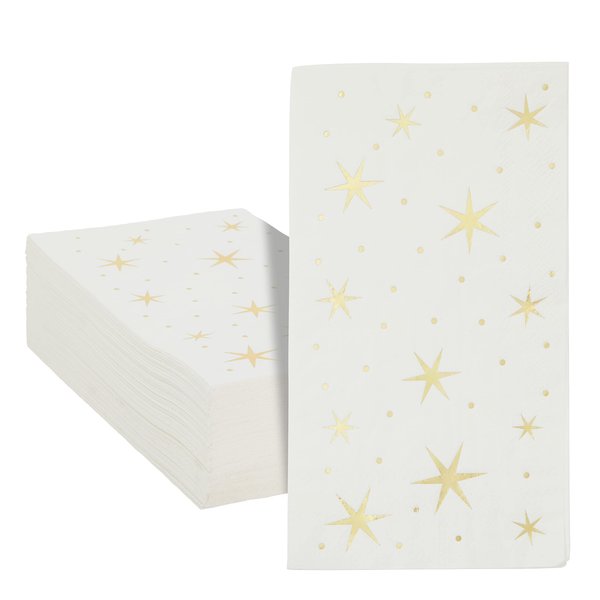 Juvale 50 Pack Gold and White Dinner Napkins with Stars, Decorative Disposable Gold Foil for Baby Shower, Birthday, Holidays (3-Ply, 4 x 8 In)