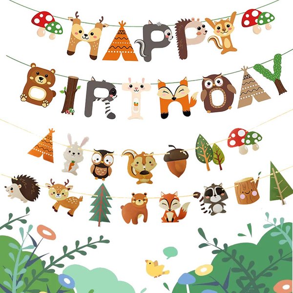 Woodland Party Decorations Woodland Happy Birthday Banner with Forest Animal Bunting Garland for Kids Boys Girls Woodland Birthday Party Supplies