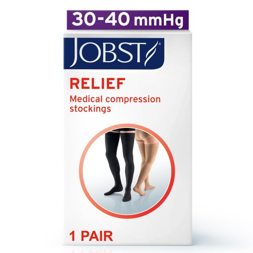 JOBST Relief Thigh High Graduated Compression Stockings 30-40mmHg - Comfortable Unisex Design with Silicone Dot Band - Closed Toe, Black, Medium