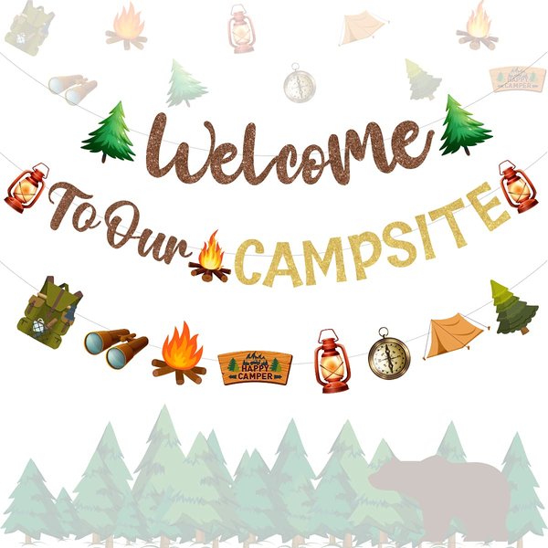 Fangleland Camping Party Decorations Welcome to Our Campsite Banner, Camper Garland for Lumberjack Birthday Baby Shower Adventure Party Supplies