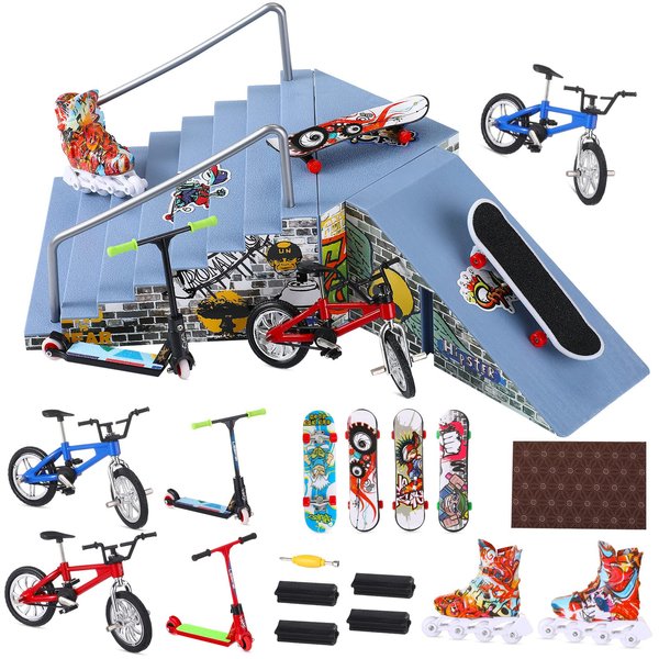 Civaner Fingerboard Skatepark Set 24 Pcs Mini Finger Toy with Finger Skateboards Ramp, Finger Bikes, Finger Scooter, Finger Skates for Skate Lovers Gift