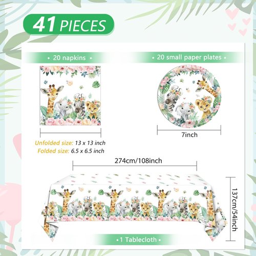 41 PCS Party Animals Birthday Decorations Safari Jungle Theme Birthday Party Supplies Jungle Animals Birthday Plates and Napkins Tablecloth for Girls Wild One Two Birthday